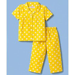 Babyhug 100% Cotton Knit Half Sleeves Top & Pyjama Night Suit Co-ords With Polka Dots - Yellow