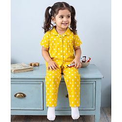 Babyhug 100% Cotton Knit Half Sleeves Top & Pyjama Night Suit Co-ords With Polka Dots - Yellow
