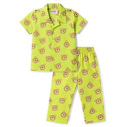 Babyhug Cotton Knit Half Sleeves Bear Printed Co-Ords Shirt & Pyjama Night Suit - Lime Green