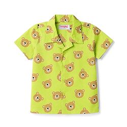 Babyhug Cotton Knit Half Sleeves Bear Printed Co-Ords Shirt & Pyjama Night Suit - Lime Green