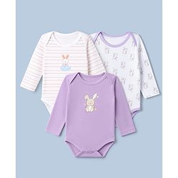 Babyhug 100% Cotton Interlock Knit Onesies with Rabbit Print Pack of 3 in Purple & White