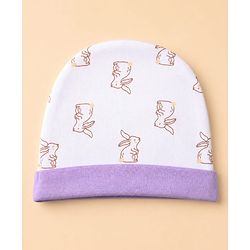 Babyhug 100% Cotton Interlock Knit Full Sleeves Rabbit Printed Onesie with Leggings & Cap Mittens and Booties - Purple