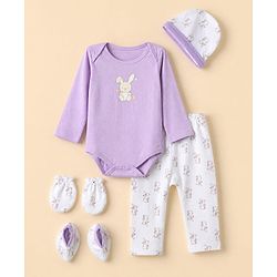 Babyhug 100% Cotton Interlock Knit Full Sleeves Rabbit Printed Onesie with Leggings & Cap Mittens and Booties - Purple