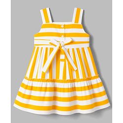 Babyhug Poplin Woven Sleeveless Striped Frock With Bow Applique - Yellow
