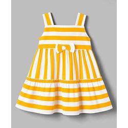 Babyhug Poplin Woven Sleeveless Striped Frock With Bow Applique - Yellow