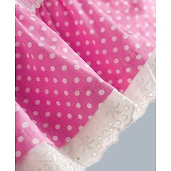 Babyhug 100% Cotton Woven Half Sleeves Polka Dots Printed & Striped Tiered Frock With Lace Detailing - Pink