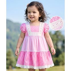 Babyhug 100% Cotton Woven Half Sleeves Polka Dots Printed & Striped Tiered Frock With Lace Detailing - Pink