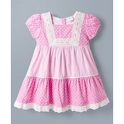 Babyhug 100% Cotton Woven Half Sleeves Polka Dots Printed & Striped Tiered Frock With Lace Detailing - Pink