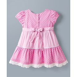 Babyhug 100% Cotton Woven Half Sleeves Polka Dots Printed & Striped Tiered Frock With Lace Detailing - Pink