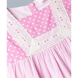 Babyhug 100% Cotton Woven Half Sleeves Polka Dots Printed & Striped Tiered Frock With Lace Detailing - Pink