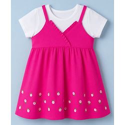 Babyhug 100% Cotton Woven Frocks with Inner Tee with Half Sleeves and Floral Embroidery - Pink