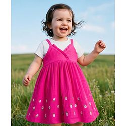 Babyhug 100% Cotton Woven Frocks with Inner Tee with Half Sleeves and Floral Embroidery - Pink