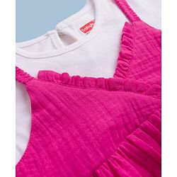 Babyhug 100% Cotton Woven Frocks with Inner Tee with Half Sleeves and Floral Embroidery - Pink