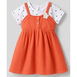 Babyhug Cotton Woven Half Sleeves Polka Dots & Floral Applique Frock With Inner Tee - Coral