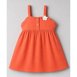 Babyhug Cotton Woven Half Sleeves Polka Dots & Floral Applique Frock With Inner Tee - Coral