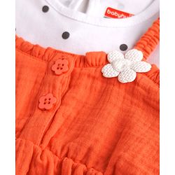 Babyhug Cotton Woven Half Sleeves Polka Dots & Floral Applique Frock With Inner Tee - Coral
