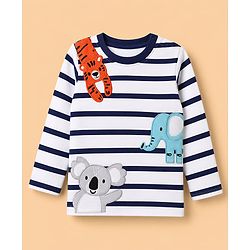 Babyhug 100% Cotton Knit Striped T-Shirt with Full Sleeves and Tiger, Elephant, Koala Applique in White