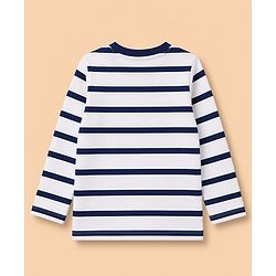 Babyhug 100% Cotton Knit Striped T-Shirt with Full Sleeves and Tiger, Elephant, Koala Applique in White