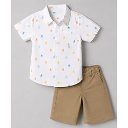 Babyhug 100% Cotton Woven Half Sleeves Printed Shirt & Shorts Set - White & Beige