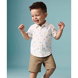 Babyhug 100% Cotton Woven Half Sleeves Printed Shirt & Shorts Set - White & Beige