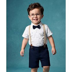 Babyhug 100% Cotton Woven Half Sleeves Striped & Triangles Printed Shirt & Shorts Set With Suspender & Bow - White & Navy Blue