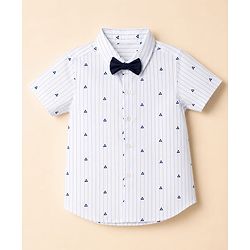 Babyhug 100% Cotton Woven Half Sleeves Striped & Triangles Printed Shirt & Shorts Set With Suspender & Bow - White & Navy Blue