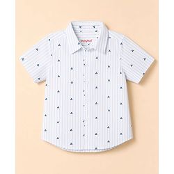 Babyhug 100% Cotton Woven Half Sleeves Striped & Triangles Printed Shirt & Shorts Set With Suspender & Bow - White & Navy Blue