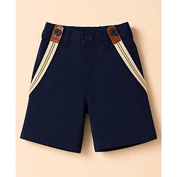 Babyhug 100% Cotton Woven Half Sleeves Striped & Triangles Printed Shirt & Shorts Set With Suspender & Bow - White & Navy Blue