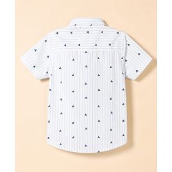 Babyhug 100% Cotton Woven Half Sleeves Striped & Triangles Printed Shirt & Shorts Set With Suspender & Bow - White & Navy Blue