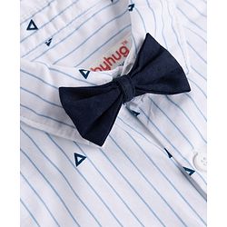 Babyhug 100% Cotton Woven Half Sleeves Striped & Triangles Printed Shirt & Shorts Set With Suspender & Bow - White & Navy Blue