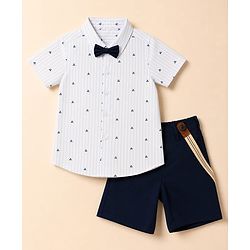 Babyhug 100% Cotton Woven Half Sleeves Striped & Triangles Printed Shirt & Shorts Set With Suspender & Bow - White & Navy Blue