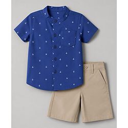 Babyhug 100% Cotton Knit Half Sleeves Nautical Theme Printed Shirt & Shorts Set - Blue & Beige