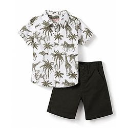 Babyhug 100% Cotton Woven Half Sleeves Shirt & Shorts Set with Jungle Safari Theme Print - Olive Green & White