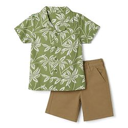 Babyhug 100% Cotton Woven Half Sleeves Tropical Theme Printed Shirt & Shorts Set - Green & Khaki