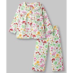 Babyhug Cotton Knit Full Sleeves Peter Pan Collared Top & Pyjama Night Suit Floral Print - White