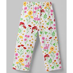 Babyhug Cotton Knit Full Sleeves Peter Pan Collared Top & Pyjama Night Suit Floral Print - White