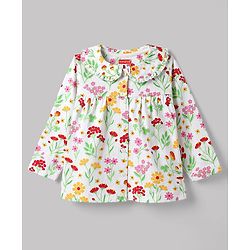 Babyhug Cotton Knit Full Sleeves Peter Pan Collared Top & Pyjama Night Suit Floral Print - White