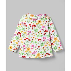 Babyhug Cotton Knit Full Sleeves Peter Pan Collared Top & Pyjama Night Suit Floral Print - White