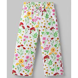 Babyhug Cotton Knit Full Sleeves Peter Pan Collared Top & Pyjama Night Suit Floral Print - White