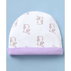 Babyhug 100% Cotton Interlock Knit Cap Mittens & Booties with Bunny Print White - Diameter 15 cm
