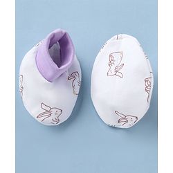 Babyhug 100% Cotton Interlock Knit Cap Mittens & Booties with Bunny Print White - Diameter 15 cm