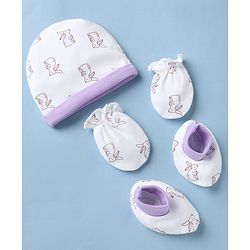 Babyhug 100% Cotton Interlock Knit Cap Mittens & Booties with Bunny Print White - Diameter 15 cm