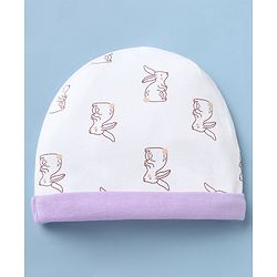 Babyhug 100% Cotton Interlock Knit Cap Mittens & Booties with Bunny Print White - Diameter 15 cm