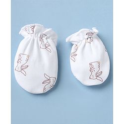 Babyhug 100% Cotton Interlock Knit Cap Mittens & Booties with Bunny Print White - Diameter 15 cm