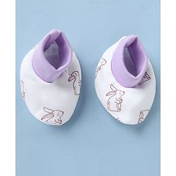 Babyhug 100% Cotton Interlock Knit Cap Mittens & Booties with Bunny Print White - Diameter 15 cm