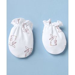 Babyhug 100% Cotton Interlock Knit Cap Mittens & Booties with Bunny Print White - Diameter 15 cm
