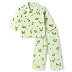 Babyhug Cotton Knit Full Sleeves Shirt & Pyjama Co-Ord Night Suit With Star & Cub Print - Green