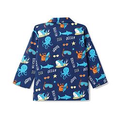 Babyhug 100% Cotton Woven Full Sleeves Front Open Co-Ords Sea Life Printed Shirt & Pajama Night Suit - Blue