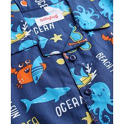 Babyhug 100% Cotton Woven Full Sleeves Front Open Co-Ords Sea Life Printed Shirt & Pajama Night Suit - Blue