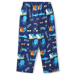 Babyhug 100% Cotton Woven Full Sleeves Front Open Co-Ords Sea Life Printed Shirt & Pajama Night Suit - Blue